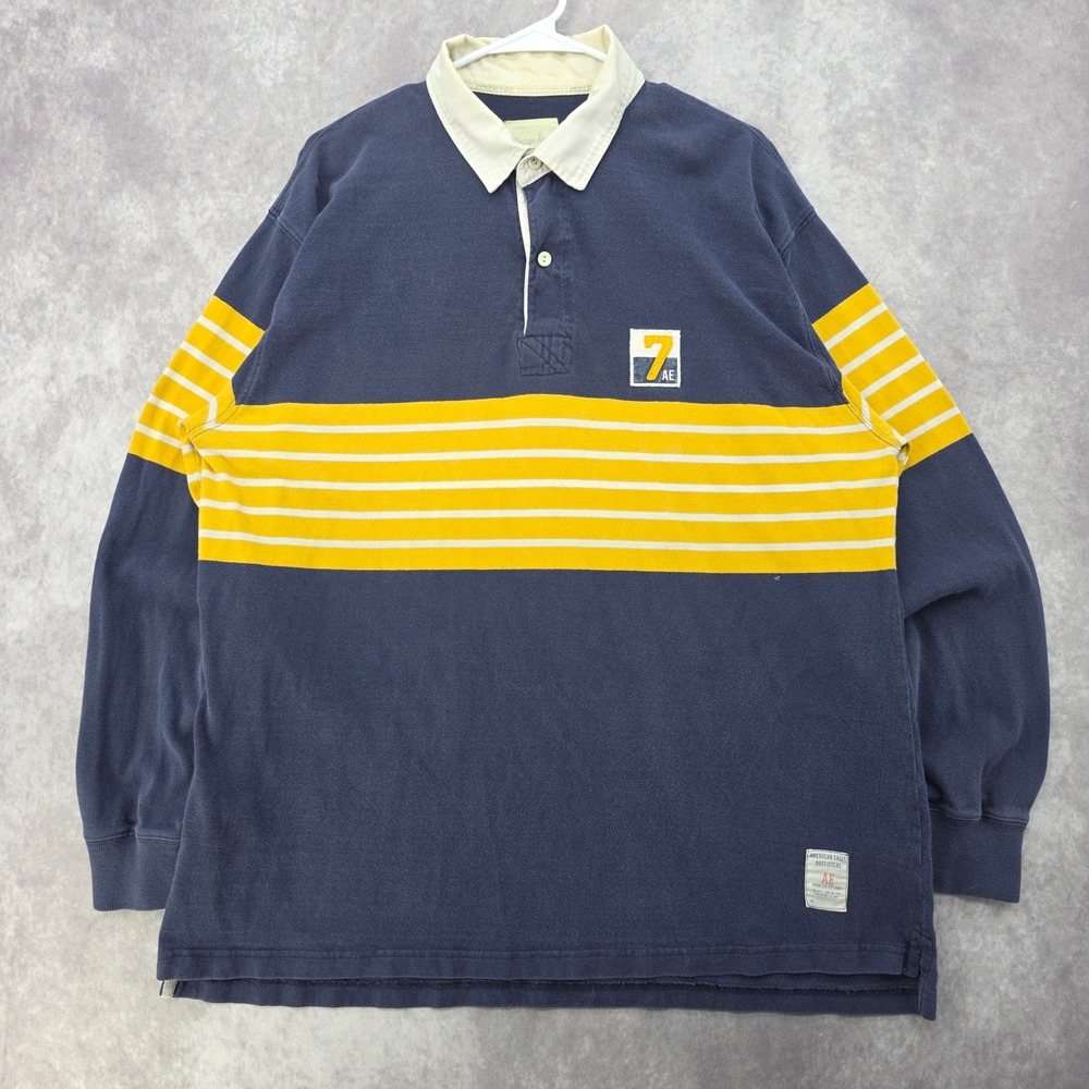 Vintage American Eagle Outfitters Striped Rugby Shirt Mens XL Navy Yellow Y2K